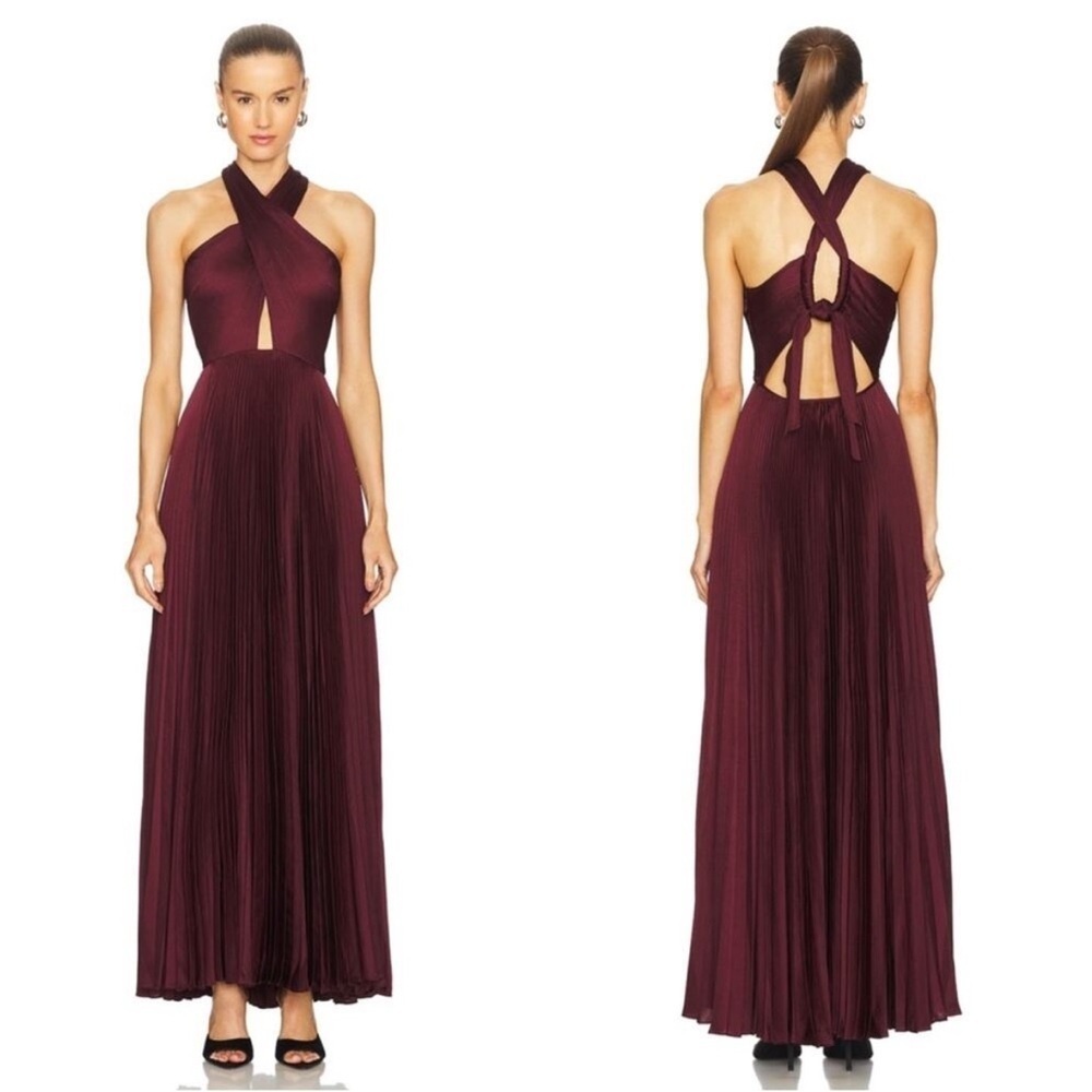 A.L.C. Athena Pleated Halterneck Maxi Dress in Chicory Burgundy